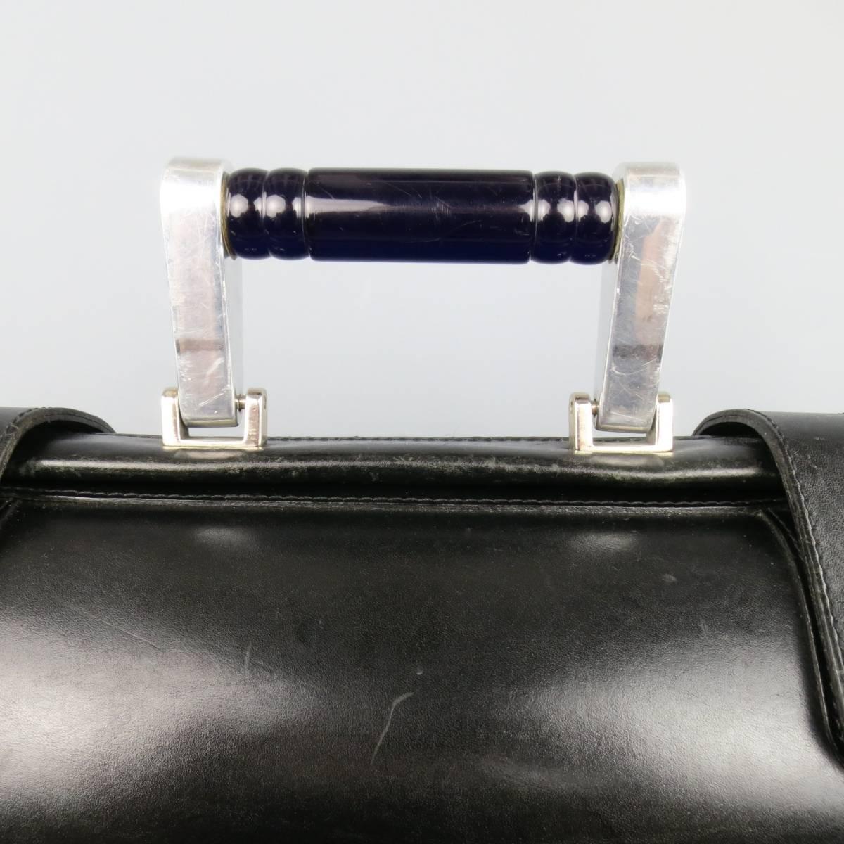 Women's or Men's BILL AMBERG Black Leather Silver & Blue Metal Handle Doctor's Bag Briefcase