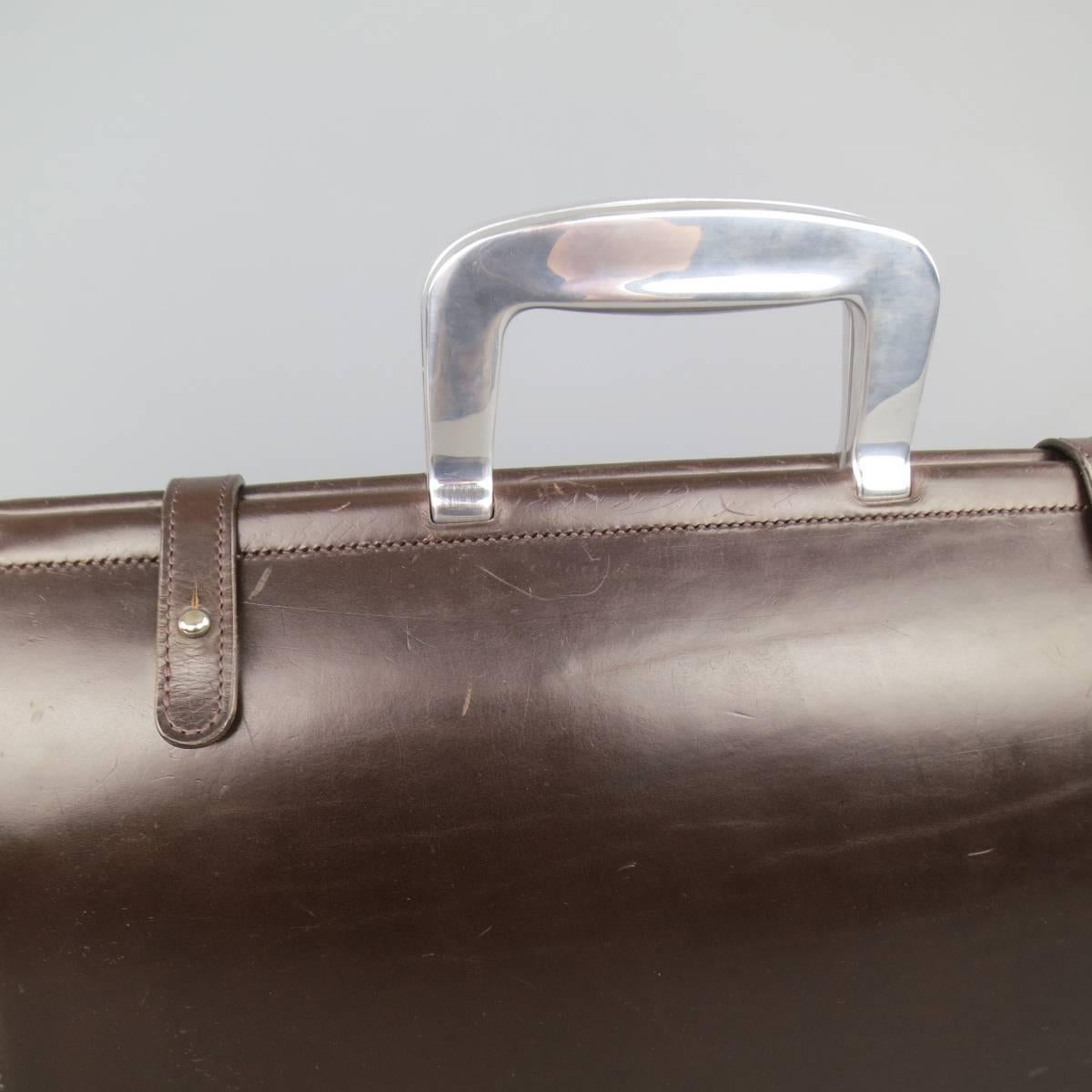 VIntage BILL AMBERG Brown Leather Silver Metal Handle Doctor's Bag Briefcase In Good Condition In San Francisco, CA