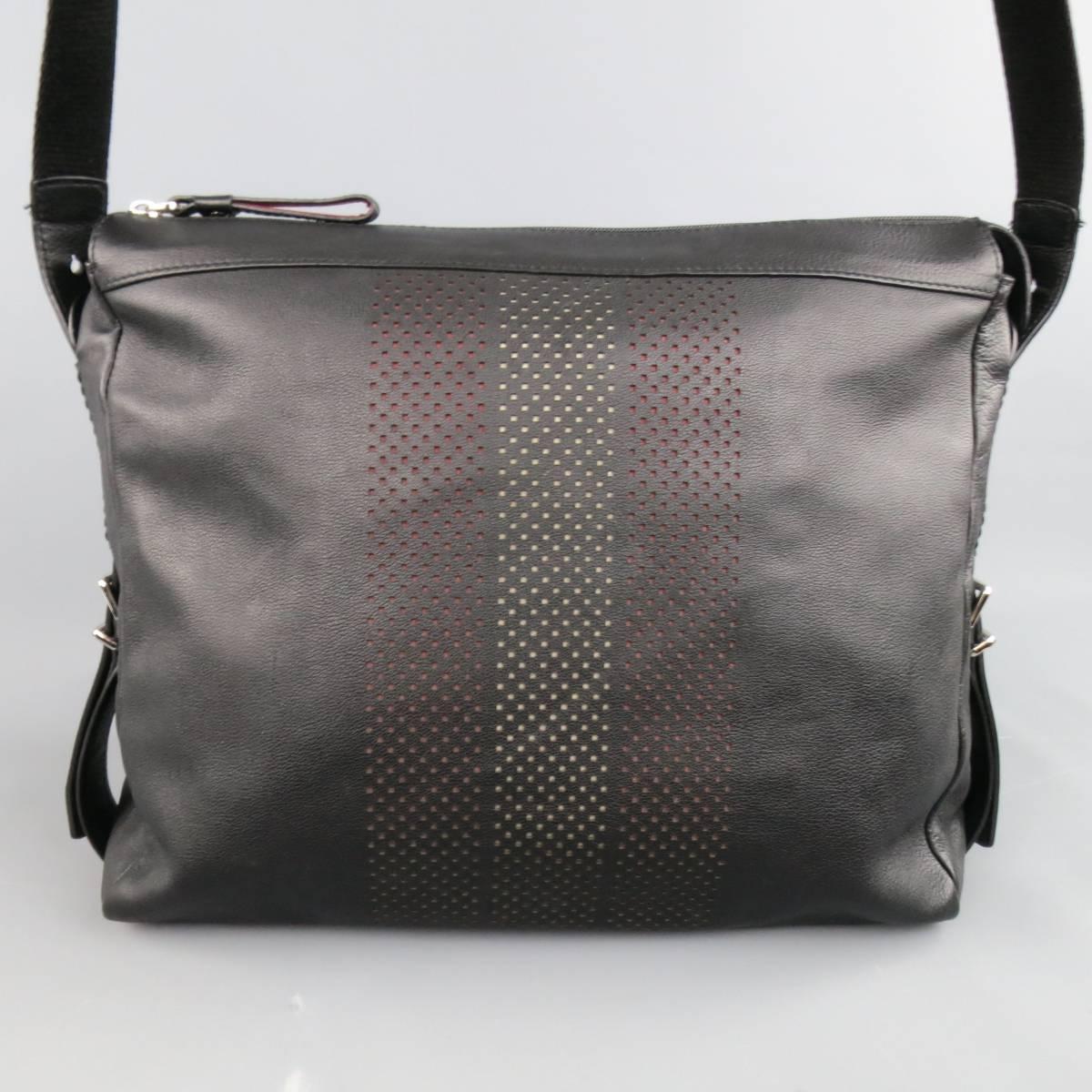 BALLY Black Leather Perforated Trainspotting Back Messenger Bag In Good Condition In San Francisco, CA