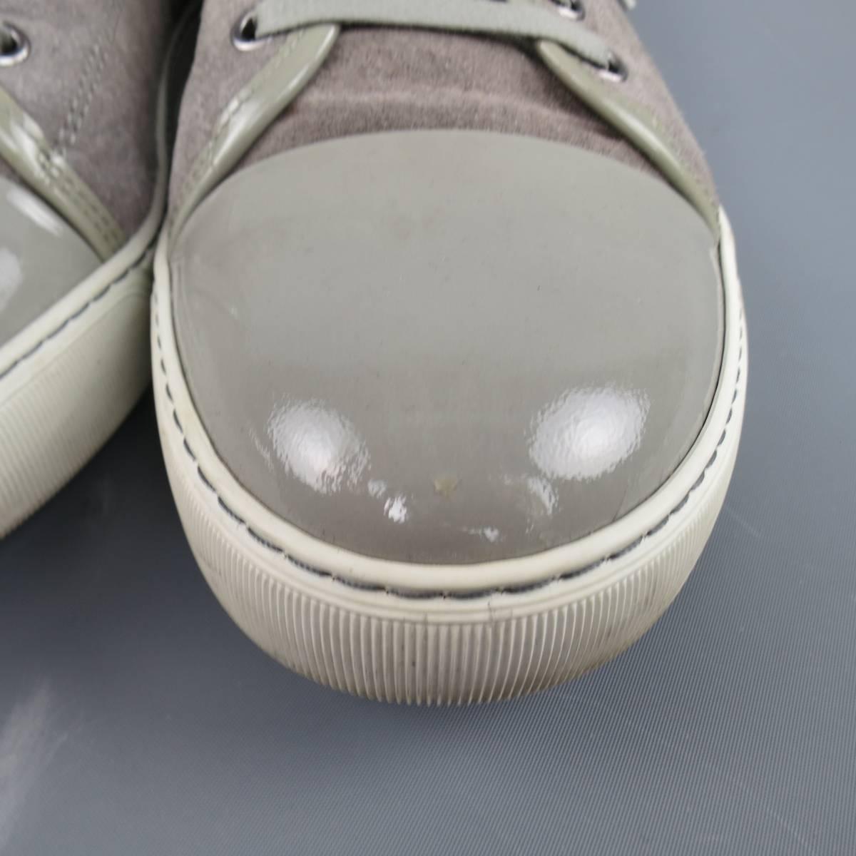 Men's LANVIN Size 10 Silver Grey Suede & Patent Leather Toe Cap Sneakers 1