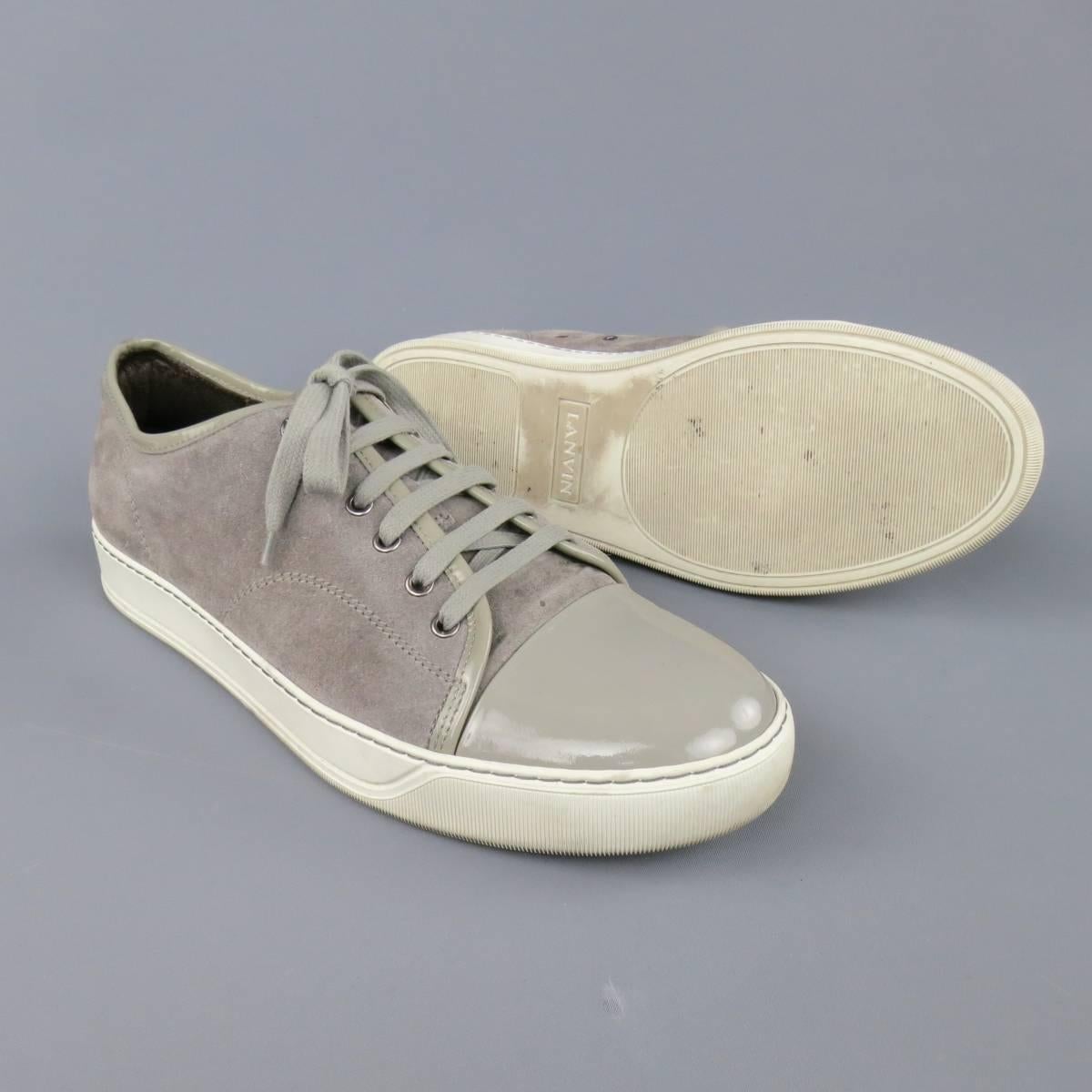 Men's LANVIN Size 10 Silver Grey Suede & Patent Leather Toe Cap Sneakers 3