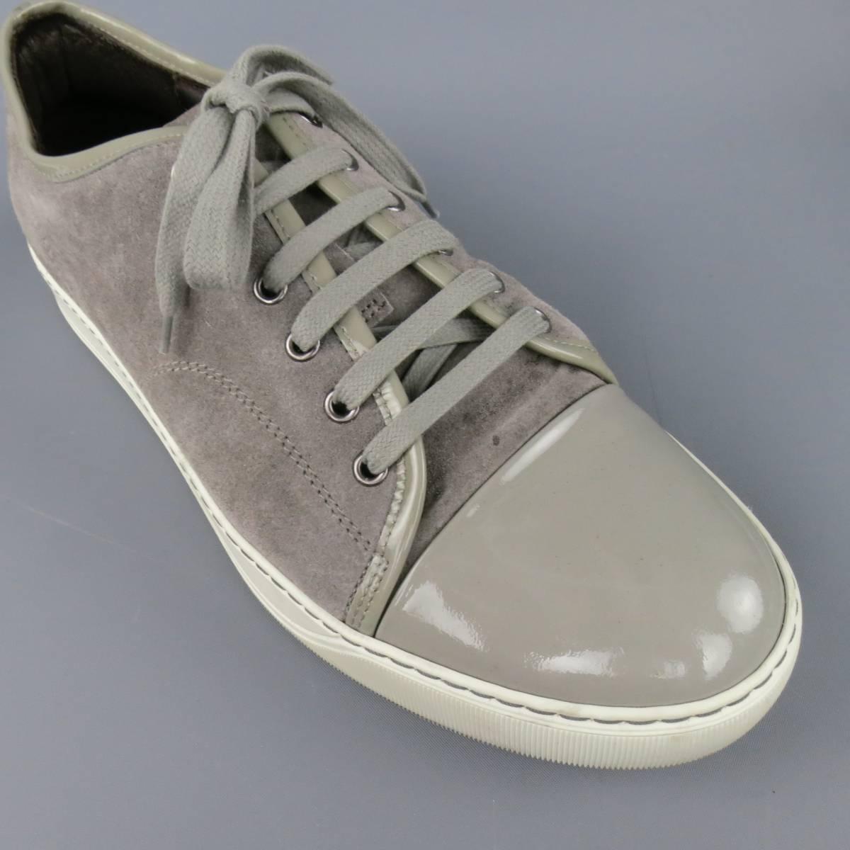 Men's LANVIN Size 10 Silver Grey Suede & Patent Leather Toe Cap Sneakers In Excellent Condition In San Francisco, CA
