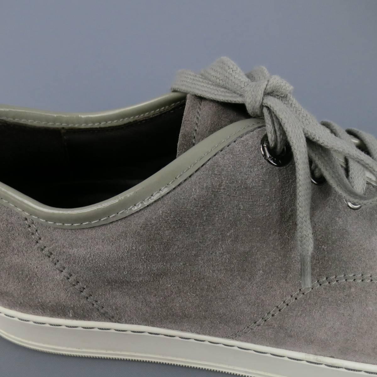 Men's LANVIN Size 10 Silver Grey Suede & Patent Leather Toe Cap Sneakers 2