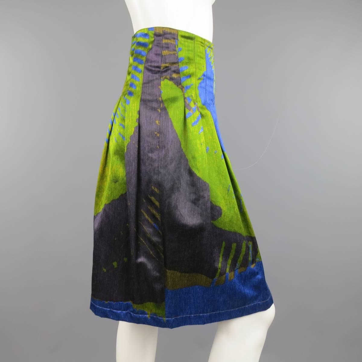 ETRO Skirt - Size 4 - Green & Blue Abstract Print Satin Pleated A Line Skirt In Excellent Condition In San Francisco, CA