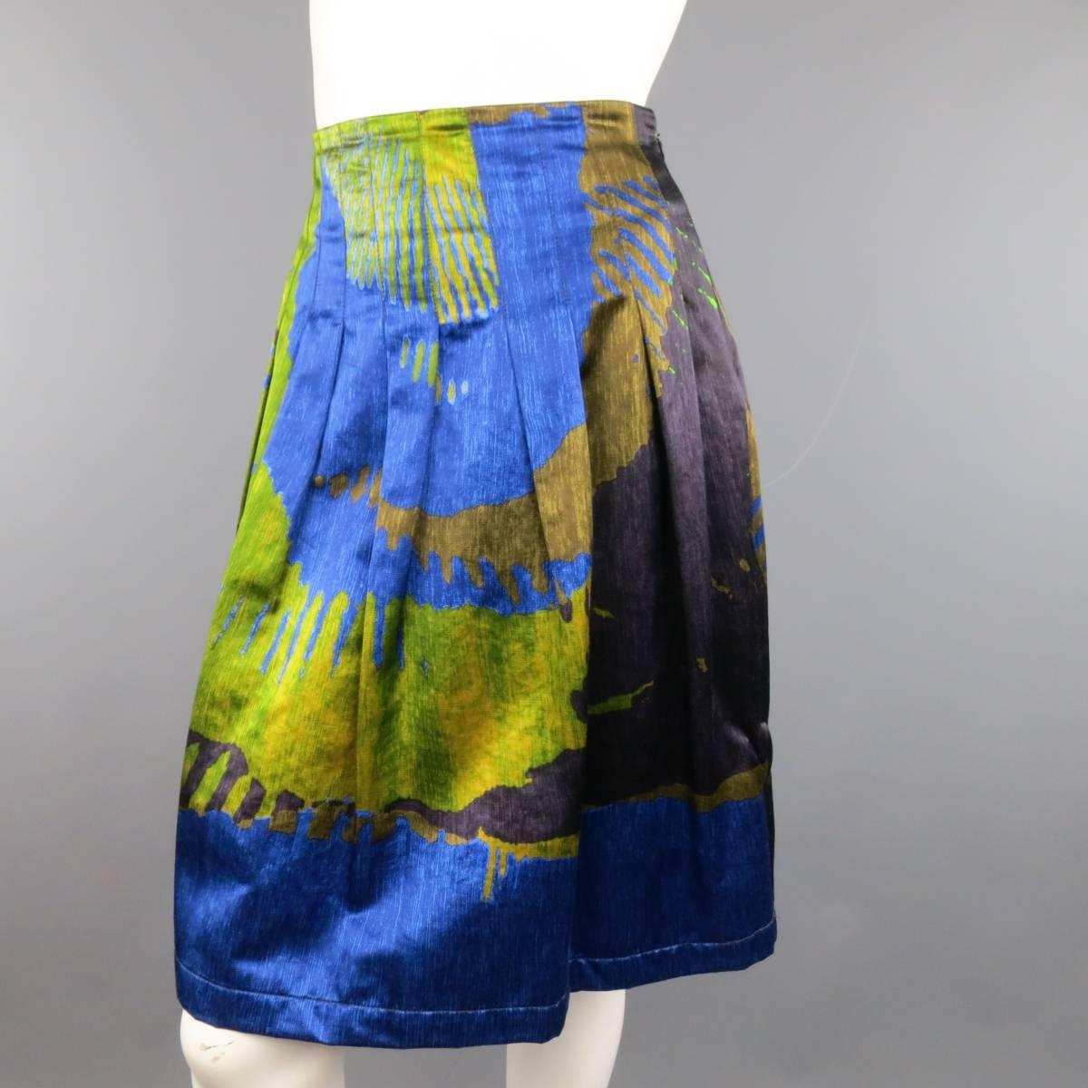 Gray ETRO Skirt - Size 4 - Green & Blue Abstract Print Satin Pleated A Line Skirt