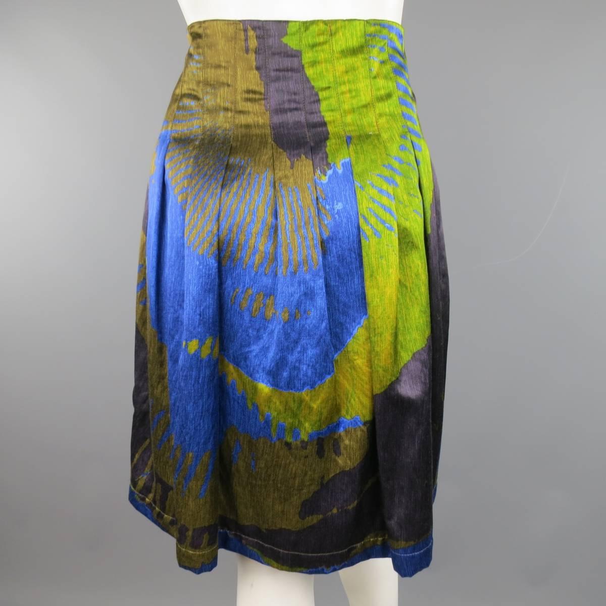 Women's ETRO Skirt - Size 4 - Green & Blue Abstract Print Satin Pleated A Line Skirt