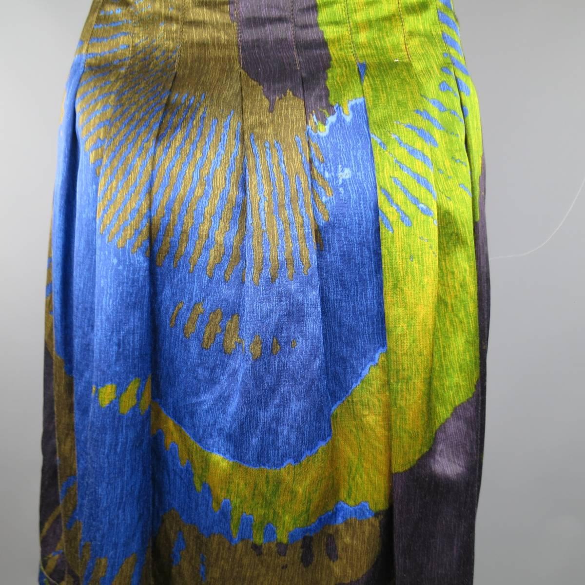 ETRO Skirt - Size 4 - Green & Blue Abstract Print Satin Pleated A Line Skirt 1