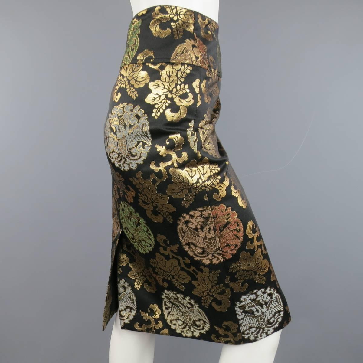 Women's RALPH LAUREN Size 10 Black & Gold Chinoiserie Silk Jacquard Pencil Skirt