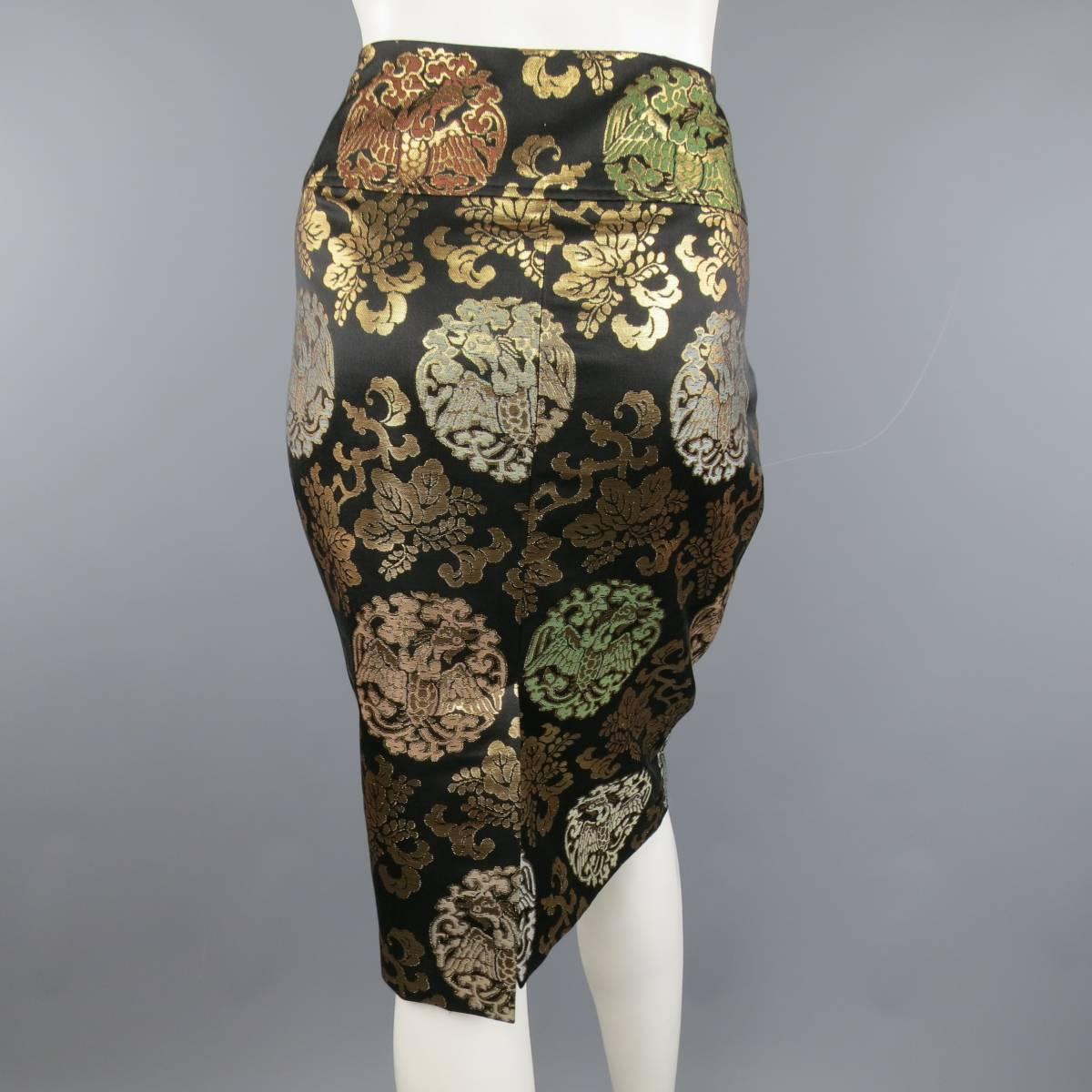 RALPH LAUREN Size 10 Black & Gold Chinoiserie Silk Jacquard Pencil Skirt 2