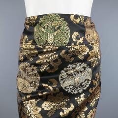 RALPH LAUREN Size 10 Black & Gold Chinoiserie Silk Jacquard Pencil Skirt