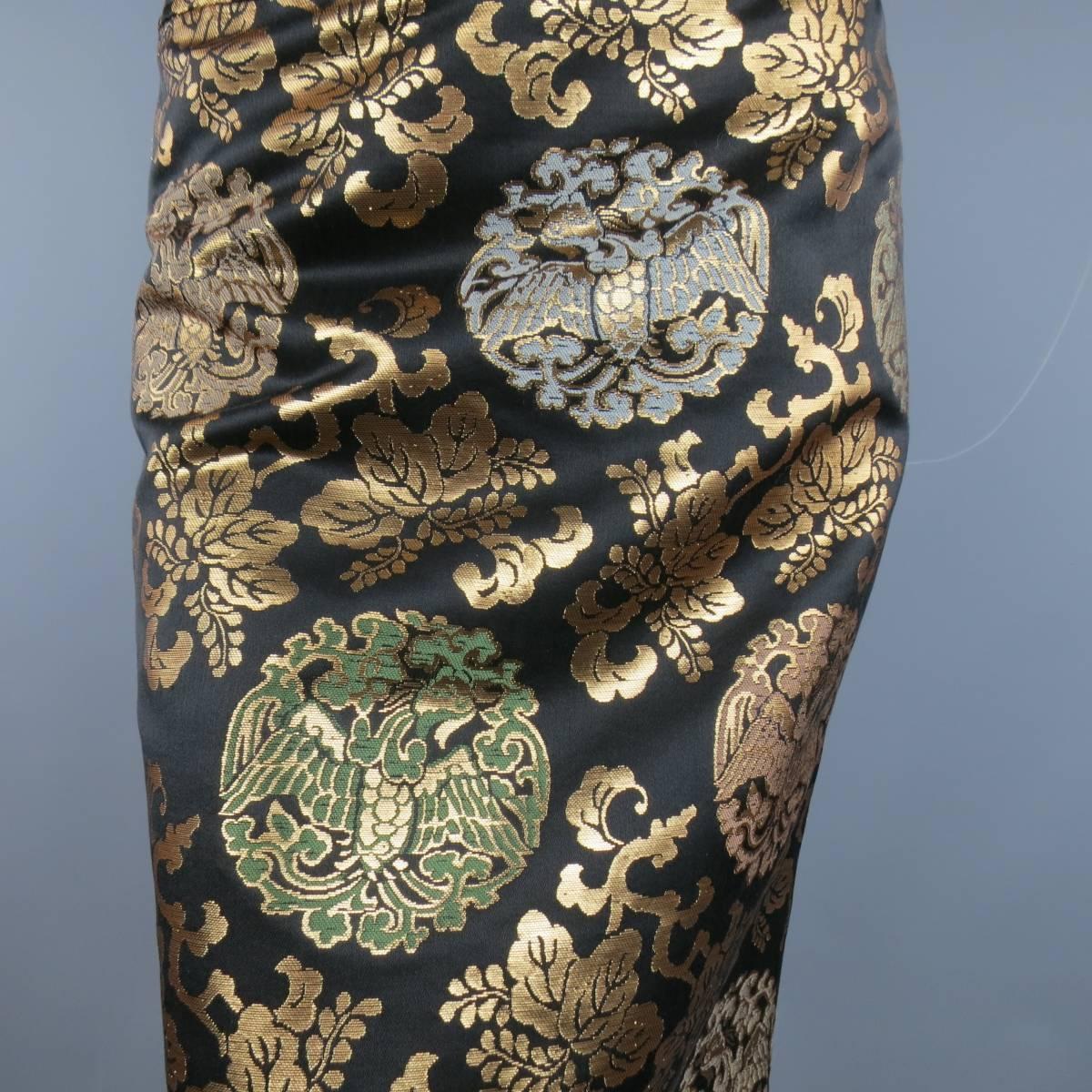 RALPH LAUREN Size 10 Black & Gold Chinoiserie Silk Jacquard Pencil Skirt In Excellent Condition In San Francisco, CA