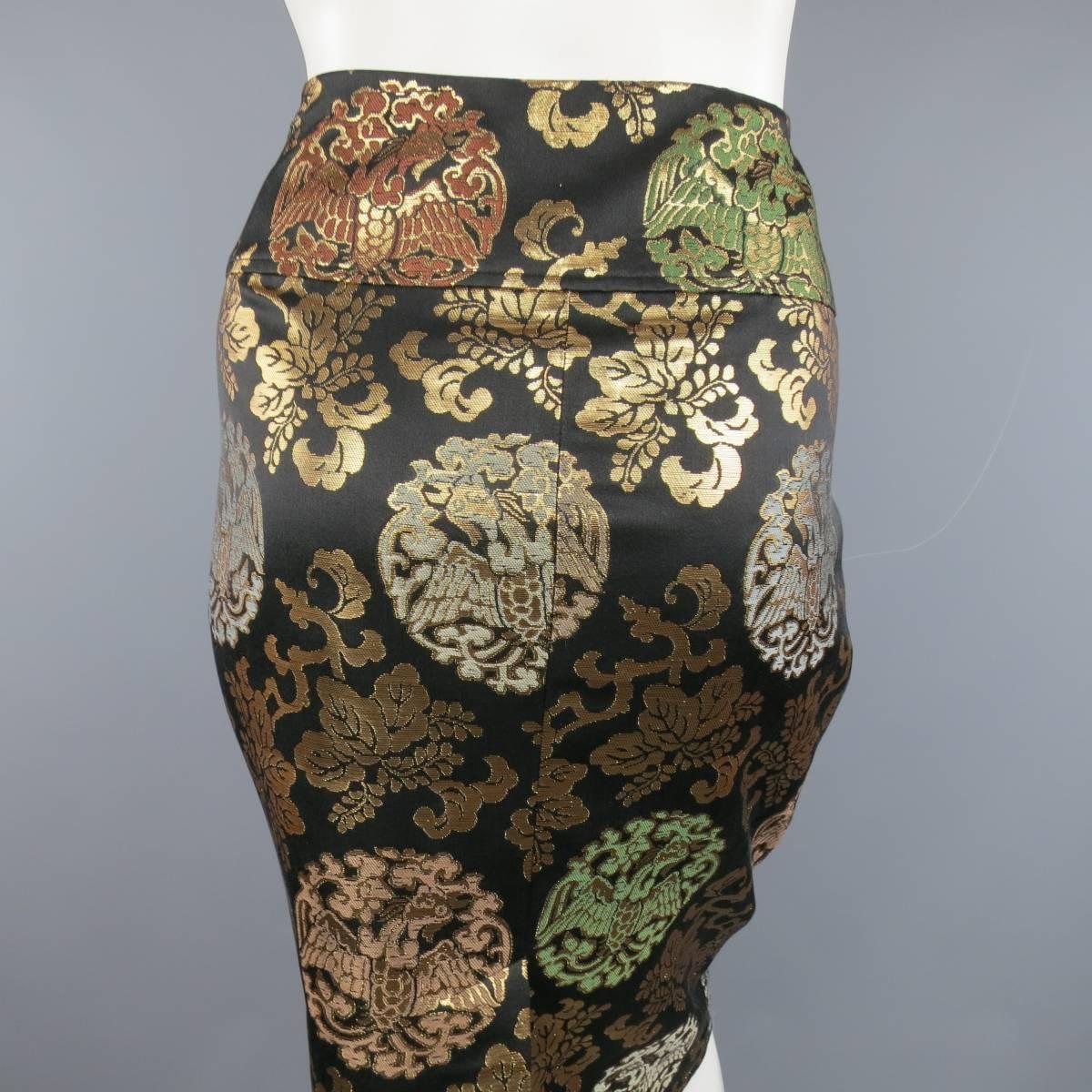 RALPH LAUREN Size 10 Black & Gold Chinoiserie Silk Jacquard Pencil Skirt 3