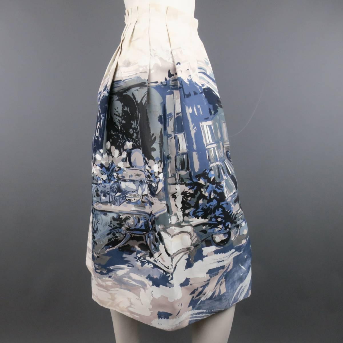 MALO Size 4 Cream & Blue Painting Print Taffeta Pleated A Line Skirt 1