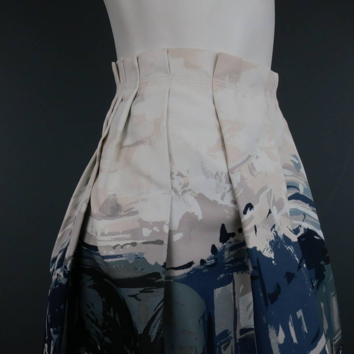 Women's MALO Size 4 Cream & Blue Painting Print Taffeta Pleated A Line Skirt