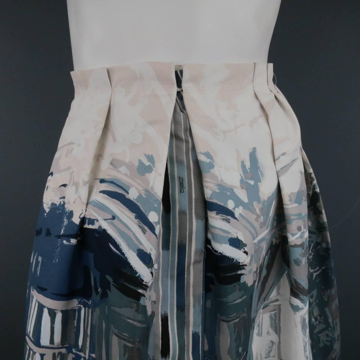 MALO taffeta skirt features gathered pleats with a watercolor-esque design in varying shades of blues and gray. Skirt features front slit, three button and hook and eye closure and is unlined.
 
Excellent Pre-Owned Condition. Retails at