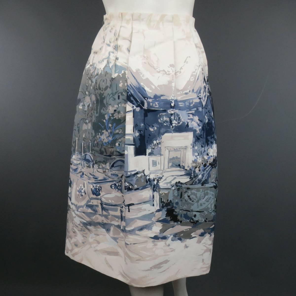 MALO Size 4 Cream & Blue Painting Print Taffeta Pleated A Line Skirt 4