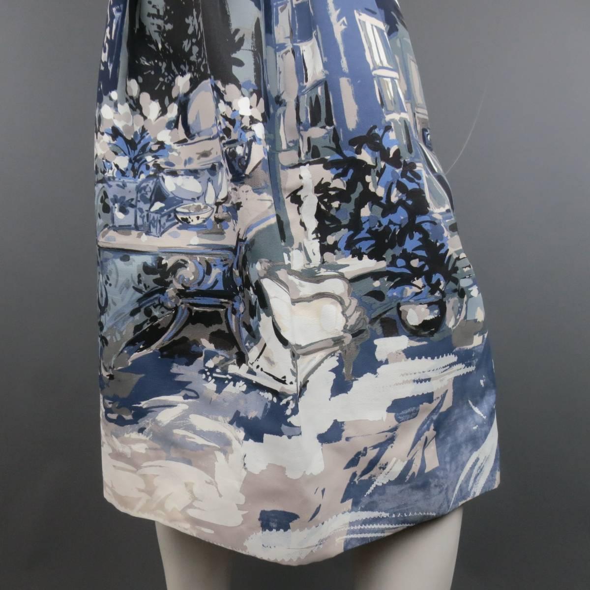 MALO Size 4 Cream & Blue Painting Print Taffeta Pleated A Line Skirt 2