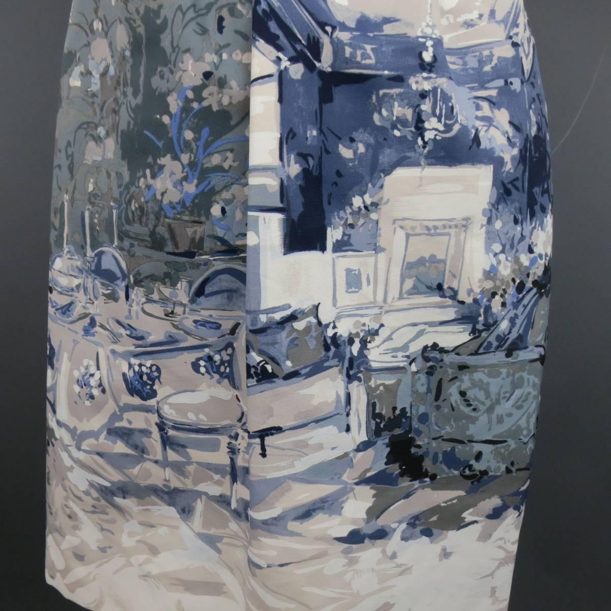 MALO Size 4 Cream & Blue Painting Print Taffeta Pleated A Line Skirt 3