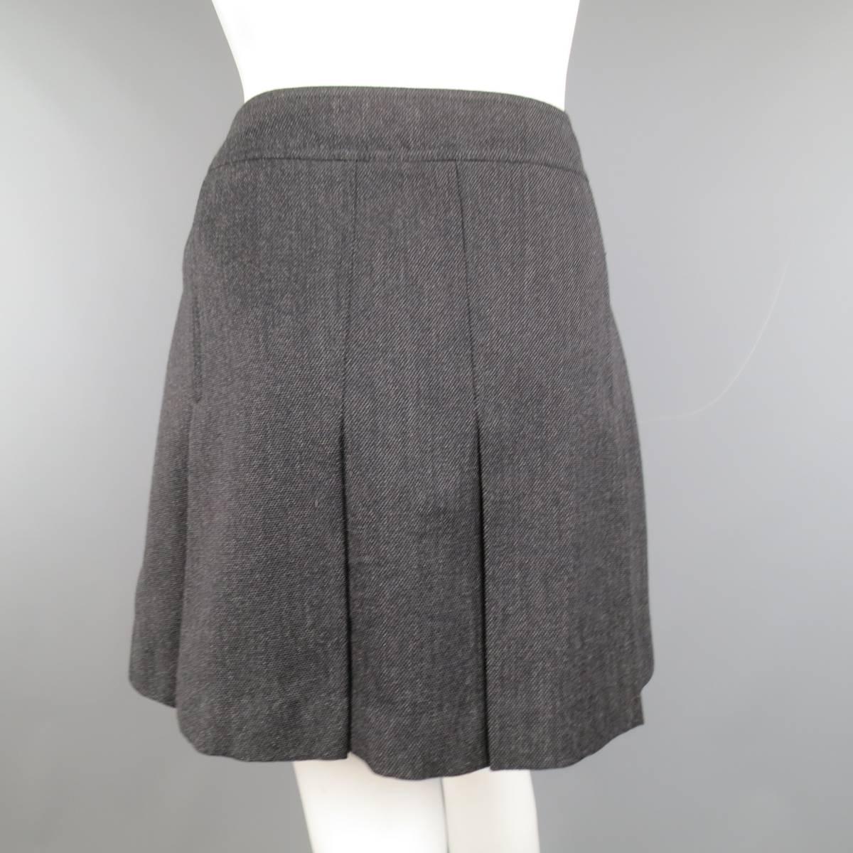 GUCCI Size 10 Charcoal Wool Tweed Gold Hardware Pleated Mini Skirt 1