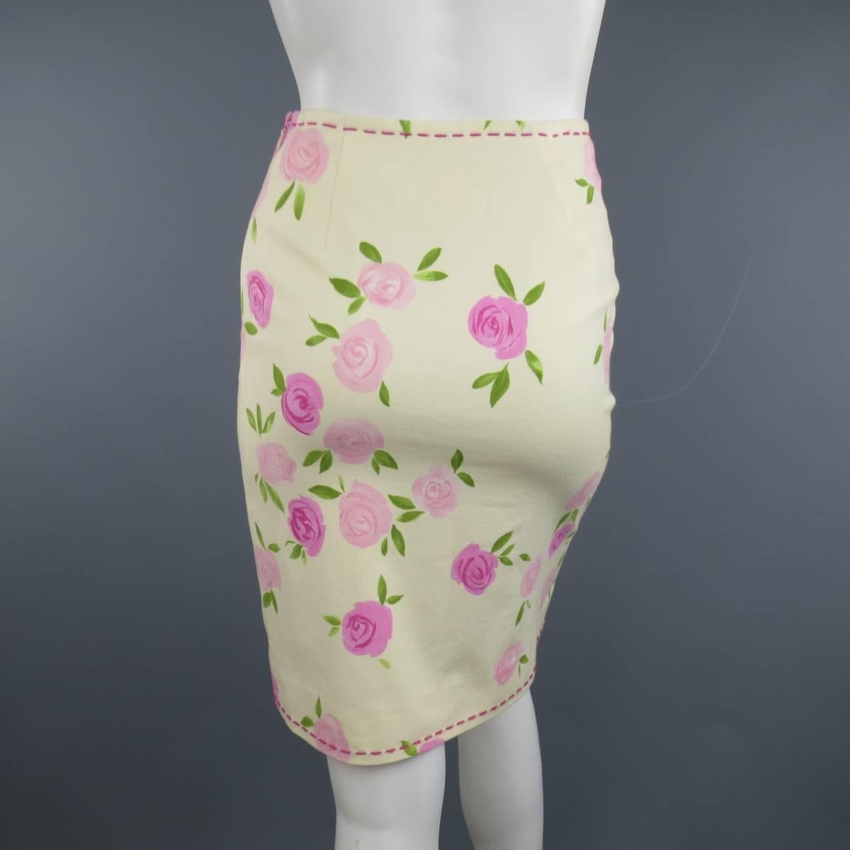 MOSCHINO Size 4 Pink Rosette Print Yellow Beige Cotton Top Stitch Pencil Skirt 1