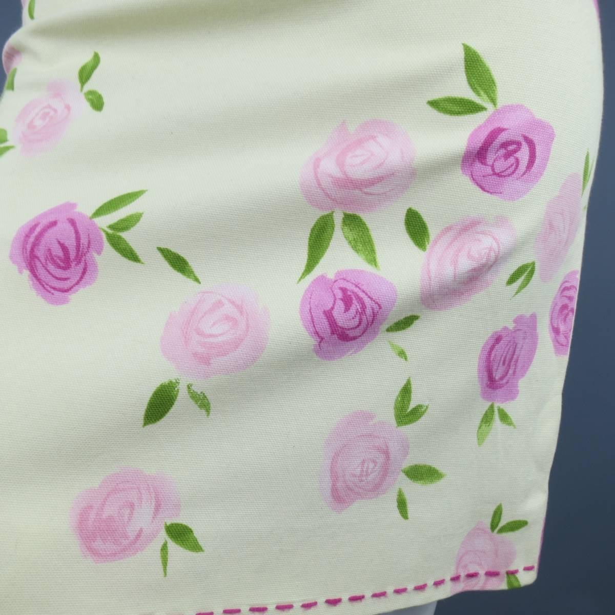 Women's MOSCHINO Size 4 Pink Rosette Print Yellow Beige Cotton Top Stitch Pencil Skirt