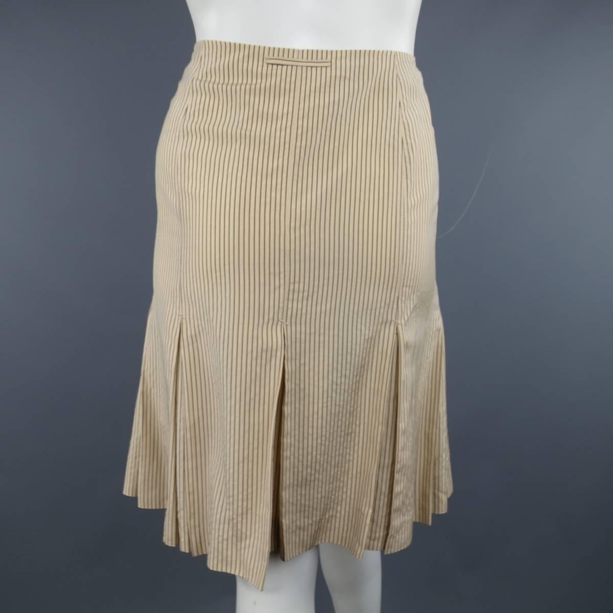 Women's JEAN PAUL GAULTIER 6 Peach Beige & Brown Striped Rayon Silk Blend Pleated Skirt