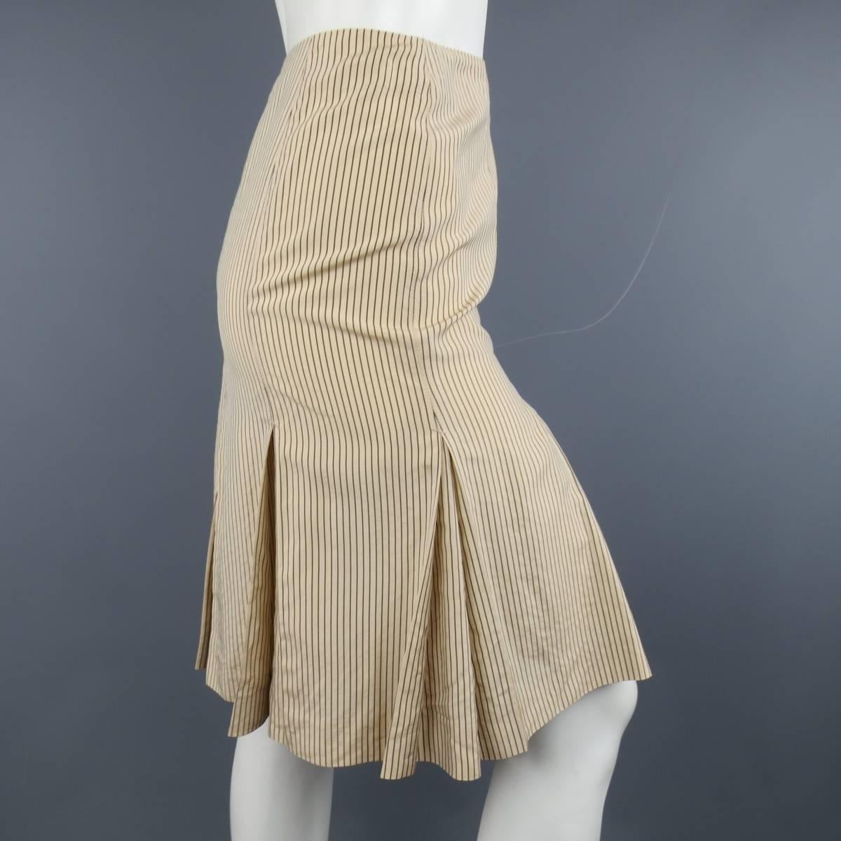 JEAN PAUL GAULTIER 6 Peach Beige & Brown Striped Rayon Silk Blend Pleated Skirt In Excellent Condition In San Francisco, CA