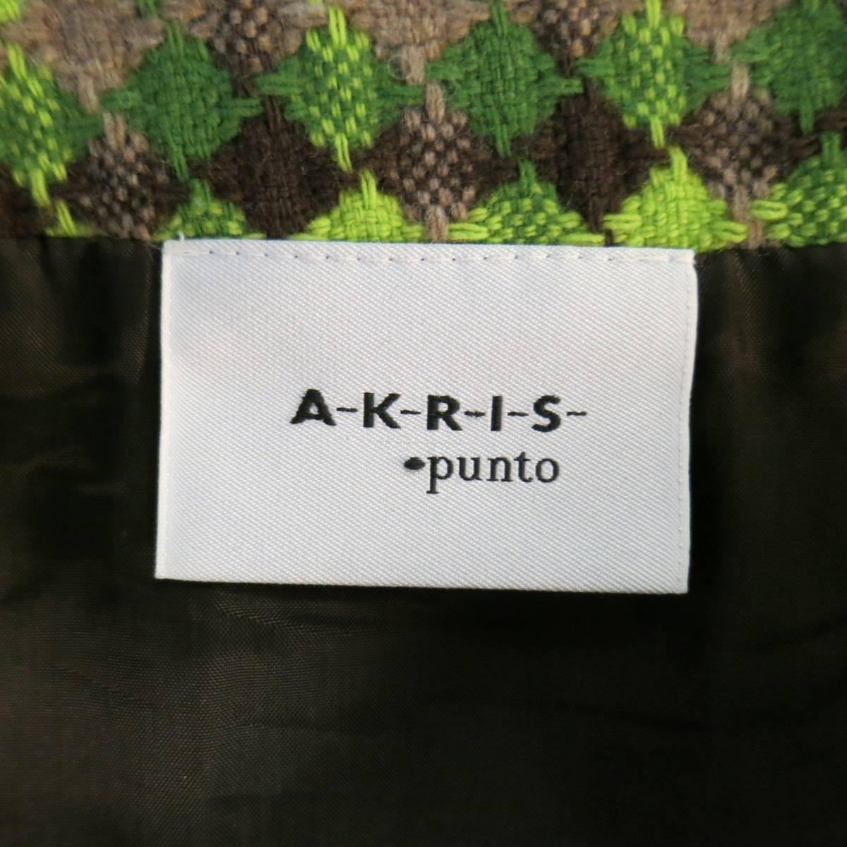 AKRIS Skirt - Size 8 Green & Brown Diamond Tweed A line Flare 2