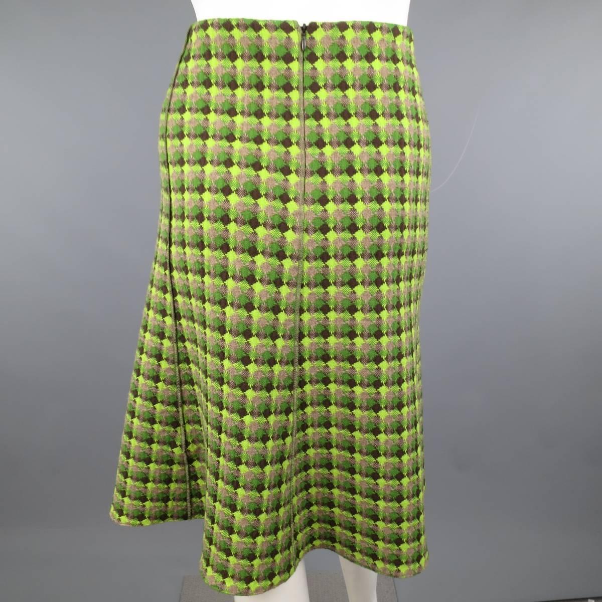 Women's AKRIS Skirt - Size 8 Green & Brown Diamond Tweed A line Flare
