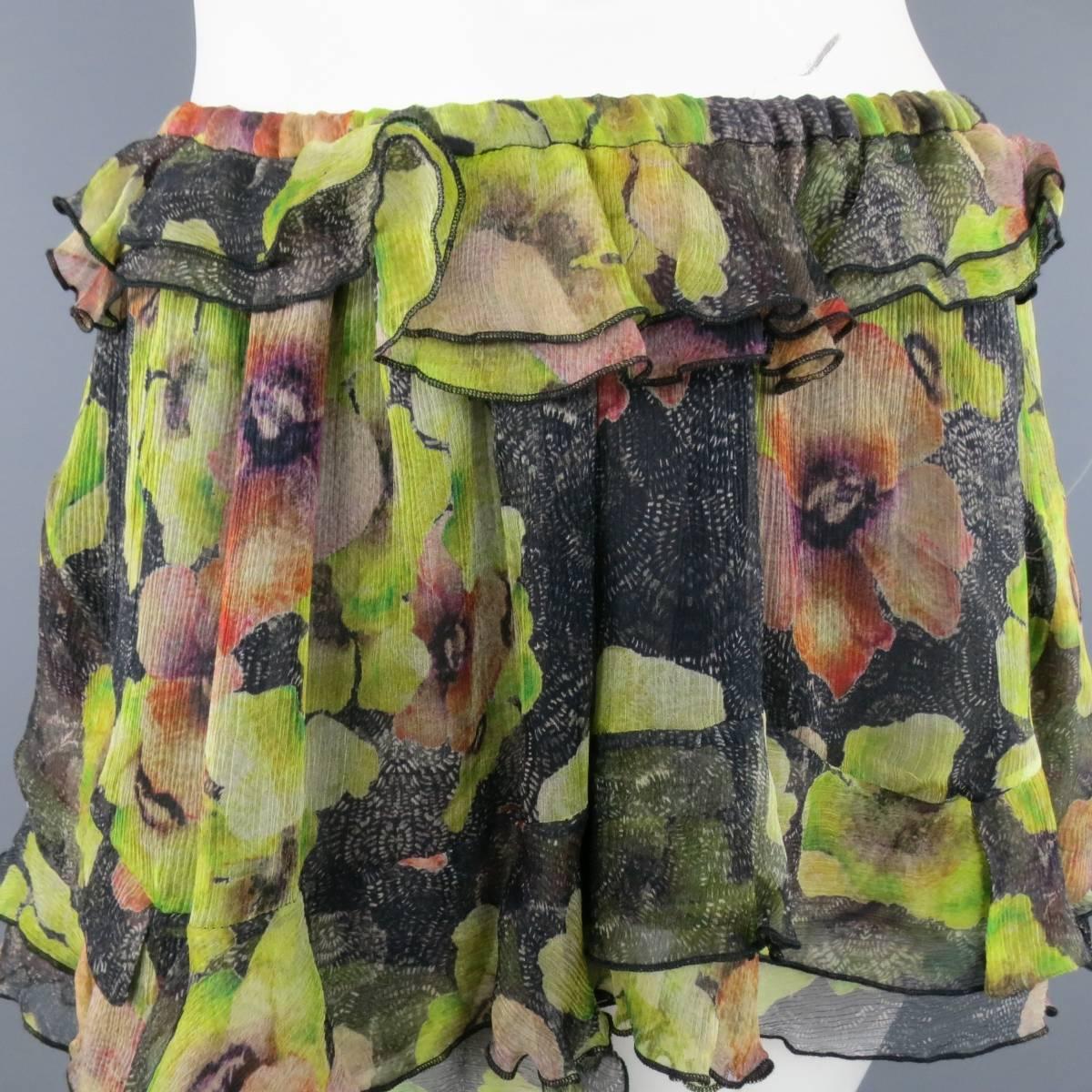 Brown ISABEL MARANT Size 6 Black & Green Floral Print Silk Chiffon Ruffled Mini Skirt