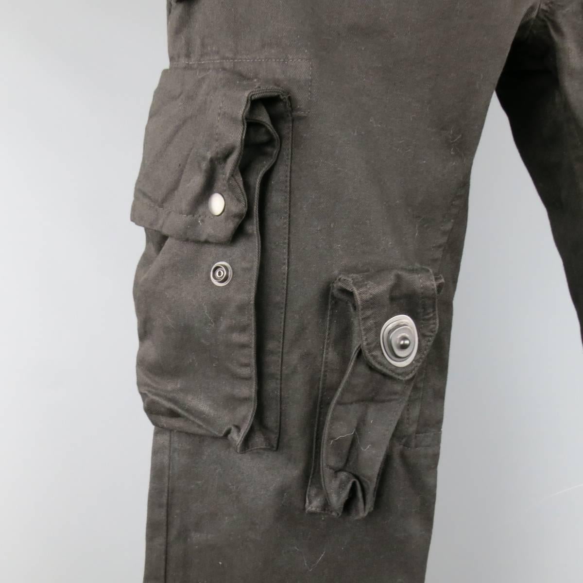 Men's JULIUS_7 Size 32 Black Waxed Coated Cotton Industrial Cargo Pocket Pants