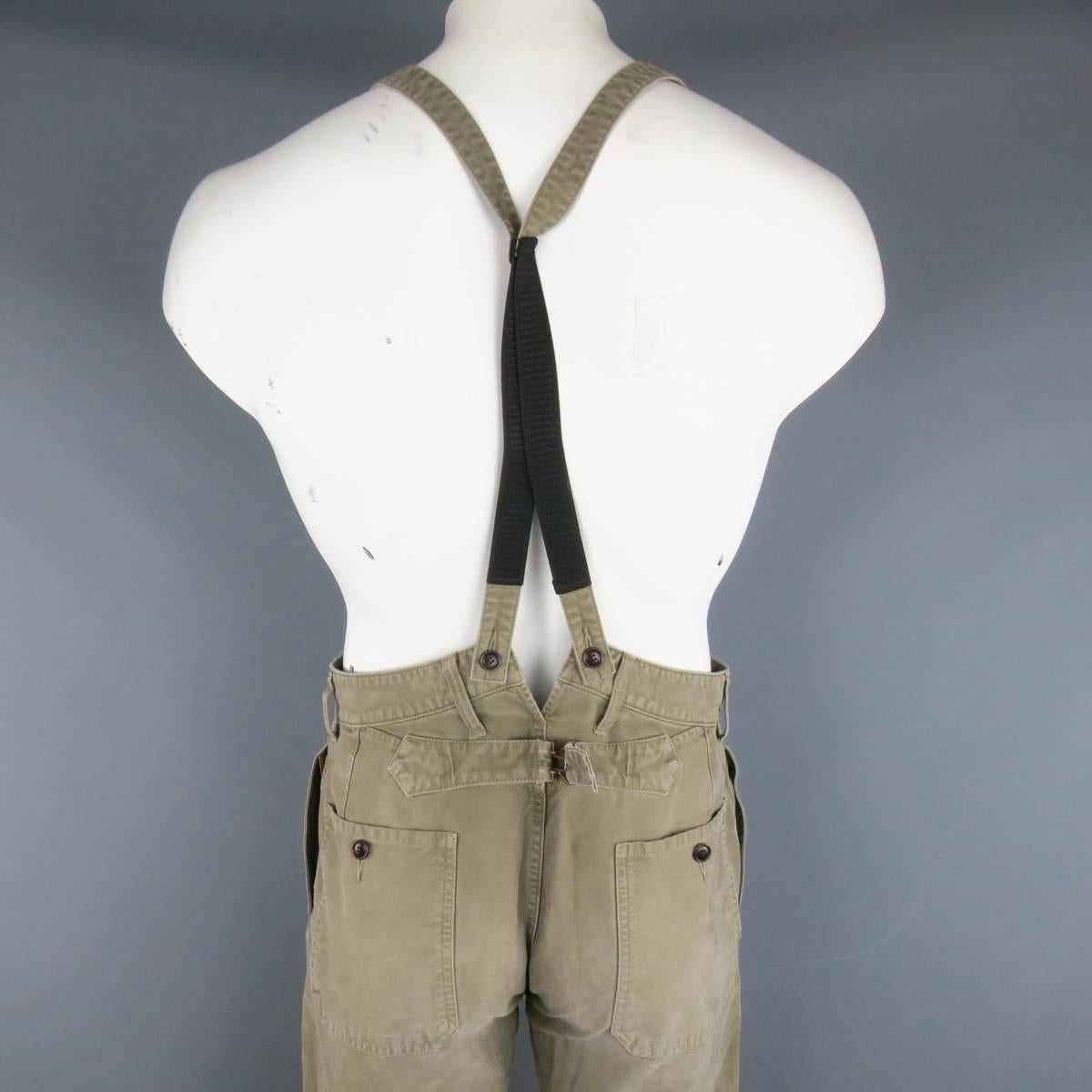 Men's VISVIM Size 32 Olive Washed Cotton Pastoral Braces Suspender Pants