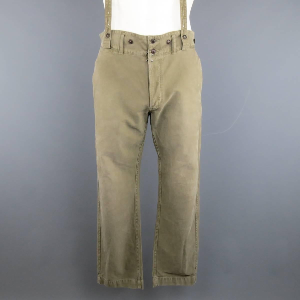 Brown VISVIM Size 32 Olive Washed Cotton Pastoral Braces Suspender Pants