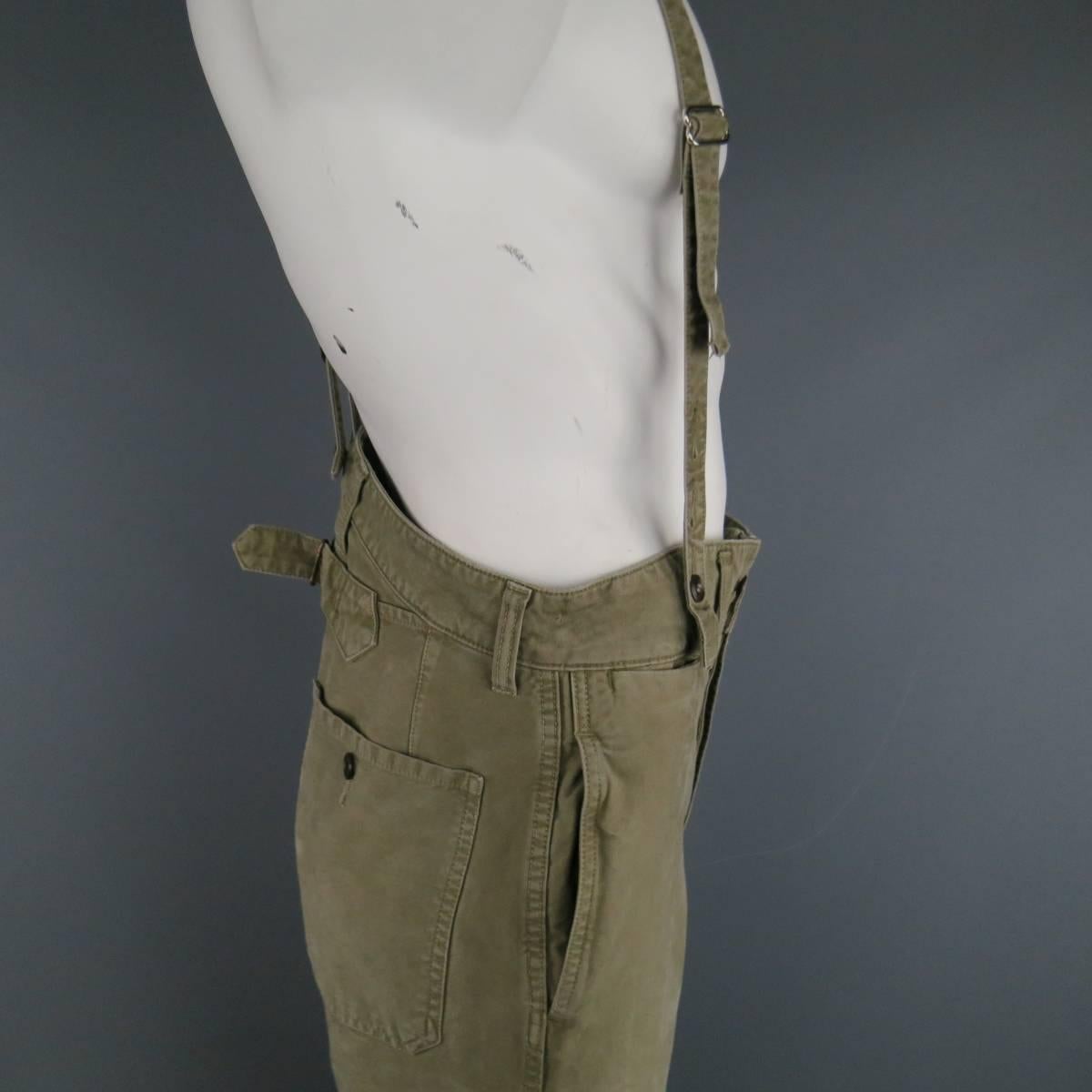 VISVIM Size 32 Olive Washed Cotton Pastoral Braces Suspender Pants In Excellent Condition In San Francisco, CA