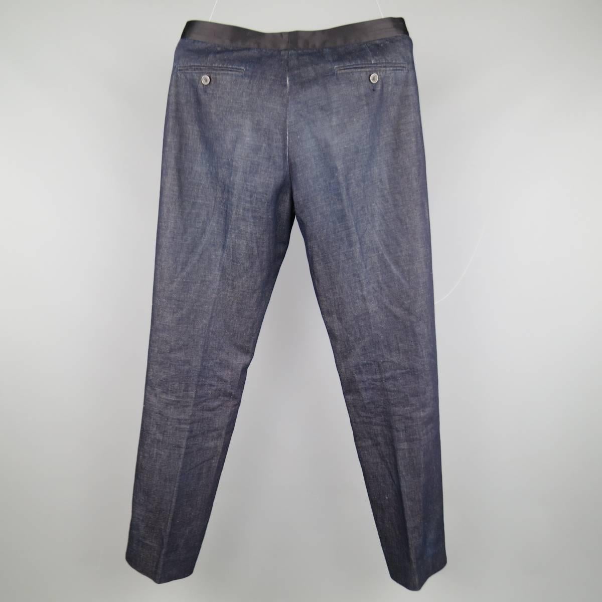 MAISON MARTIN MARGIELA Size 34 Indigo Denim Black Satin Tuxedo Stripe Pants In Excellent Condition In San Francisco, CA