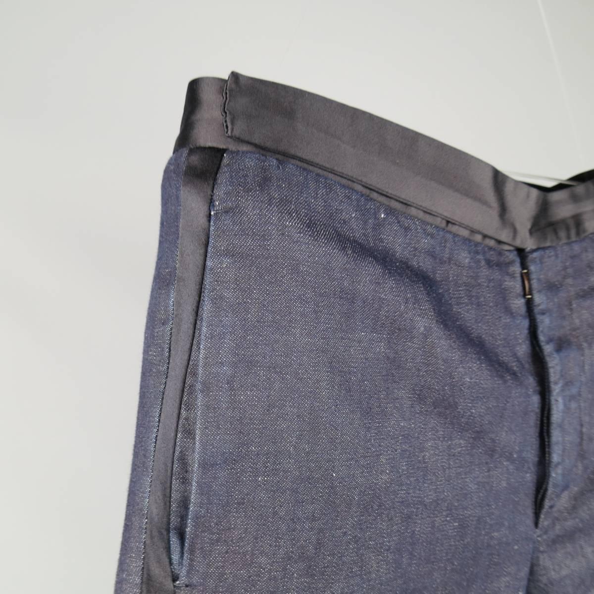 MAISON MARTIN MARGIELA Size 34 Indigo Denim Black Satin Tuxedo Stripe Pants 1