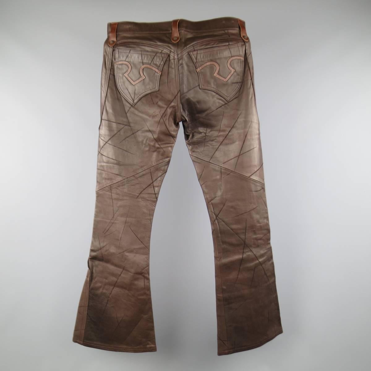 OBELISK Size 32 Brown Distressed Leather Bell Bottom Jeans In Good Condition In San Francisco, CA