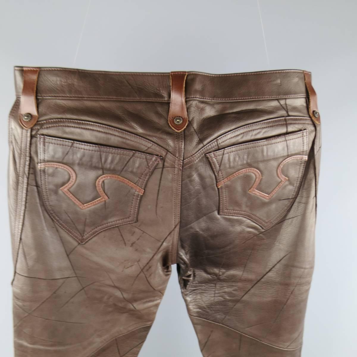 Men's OBELISK Size 32 Brown Distressed Leather Bell Bottom Jeans