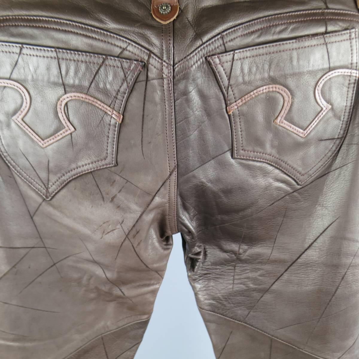 OBELISK Size 32 Brown Distressed Leather Bell Bottom Jeans 1