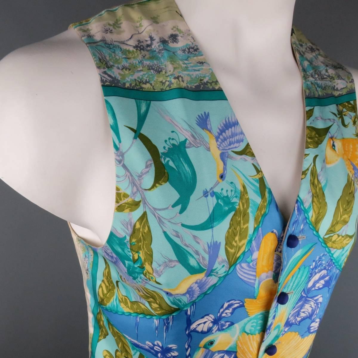 Blue BRENDA KETT 38 Aqua & Purple Tropical Birds Print Silk HERMES Scarf Front Vest