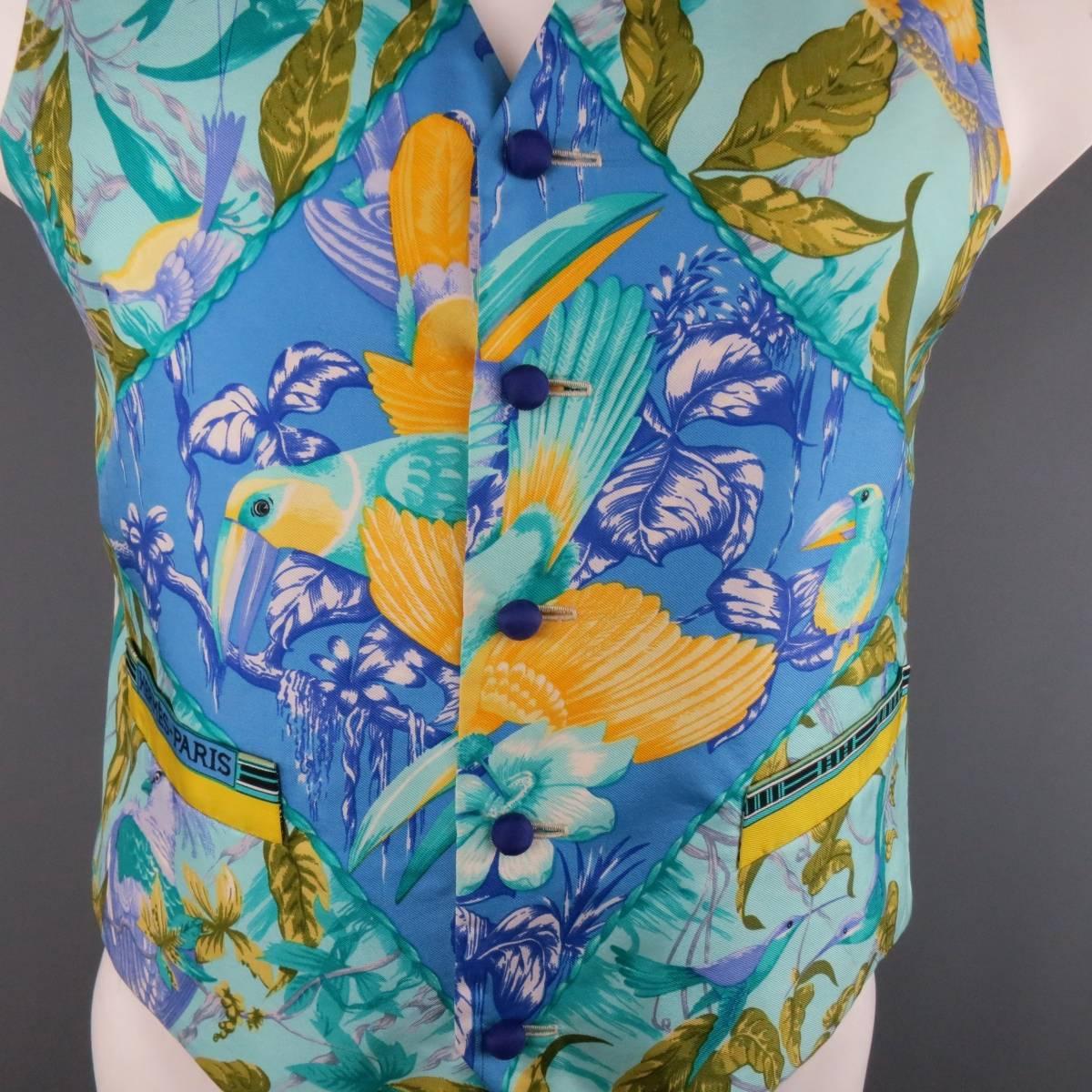 Women's or Men's BRENDA KETT 38 Aqua & Purple Tropical Birds Print Silk HERMES Scarf Front Vest