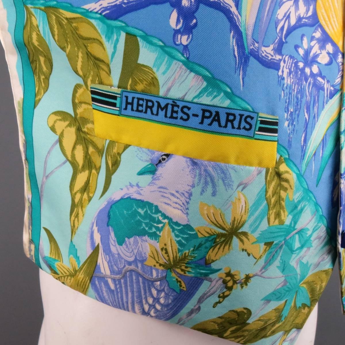 BRENDA KETT 38 Aqua & Purple Tropical Birds Print Silk HERMES Scarf Front Vest 1