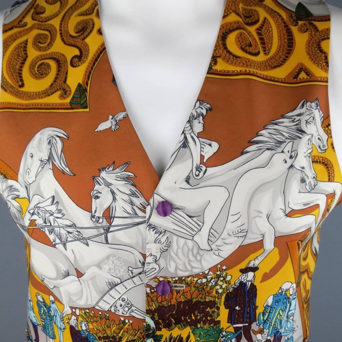 BRENDA KETT of San Francisco custom made vest featuring a silver and gold HERMES 18th century graphic horse print scarf front and gray satin twill back. Stains throughout. As-Is.
 
Good Pre-Owned Condition.
Marked: no size tag.
 
Measurements:
