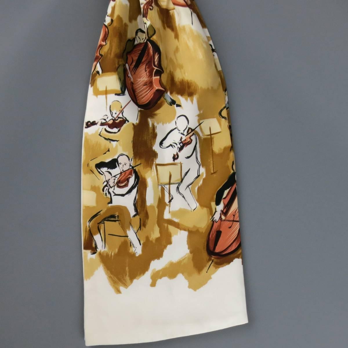 Vintage HERMES silk ascot features a white background with varying hues of brown in a 'concerto' print consisting of brush-stroked painted musicians by legendary Hermes artist Jean-Louis Clerc. Clerc's signature appears at the bottom of the print.