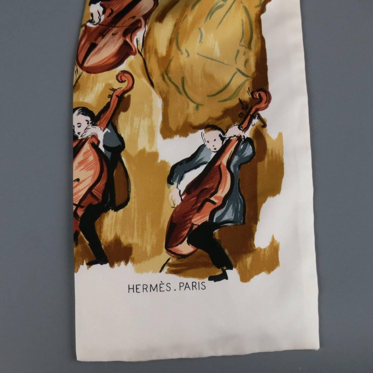 White Vintage HERMES Brown & Cream Concerto Painting Print Silk Ascot