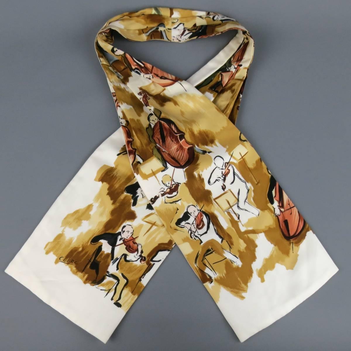 Women's or Men's Vintage HERMES Brown & Cream Concerto Painting Print Silk Ascot