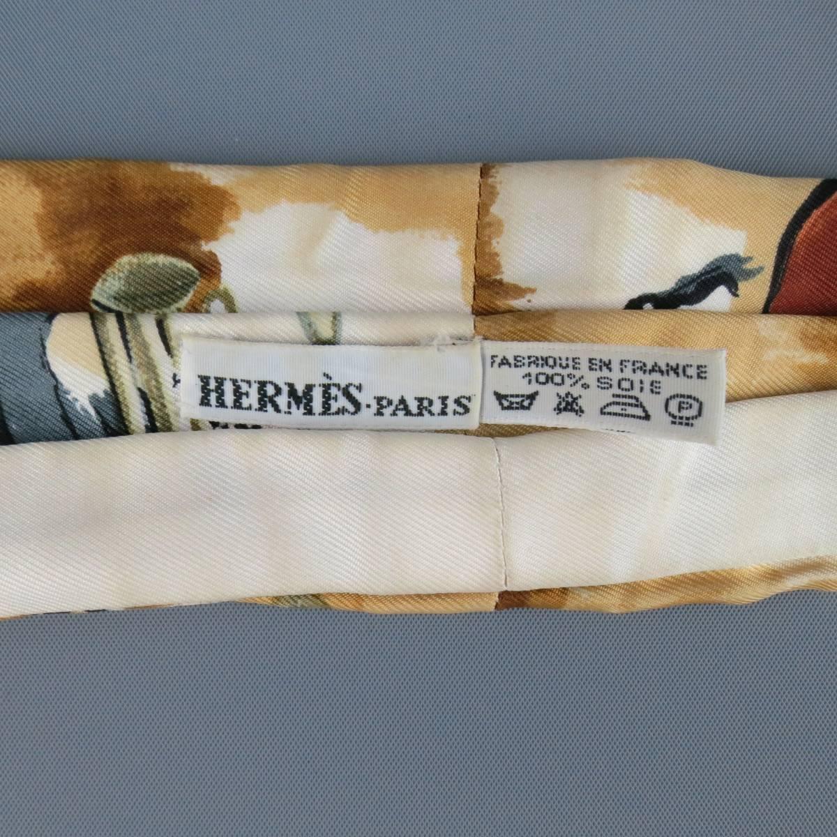 Vintage HERMES Brown & Cream Concerto Painting Print Silk Ascot 4