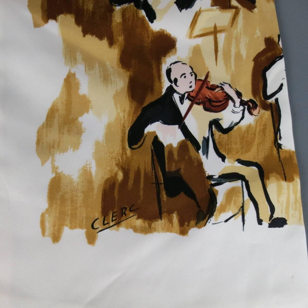 Vintage HERMES Brown & Cream Concerto Painting Print Silk Ascot In Good Condition In San Francisco, CA