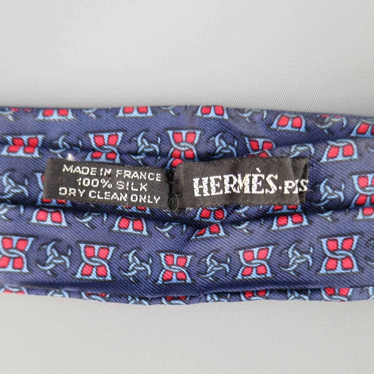 Women's or Men's Vintage HERMES Navy Blue & Red Symbol Print Silk Ascot