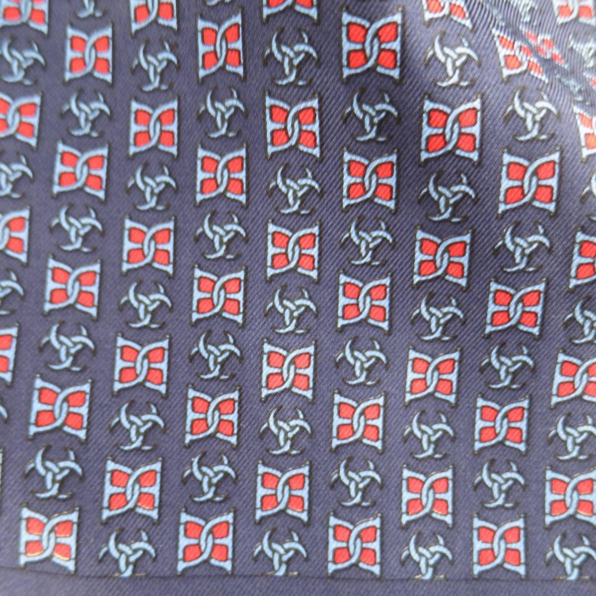 Purple Vintage HERMES Navy Blue & Red Symbol Print Silk Ascot